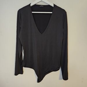 Express Black Bodysuit Body Contour Long Sleeve Compression Deep V-Neck Neutral